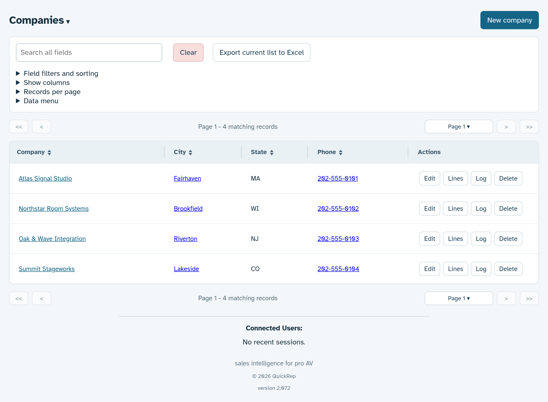 Actual QuickRep companies screen with fictional demo data