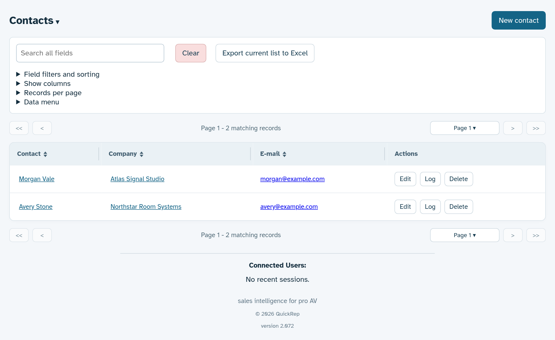 Actual QuickRep contacts screen with fictional demo data