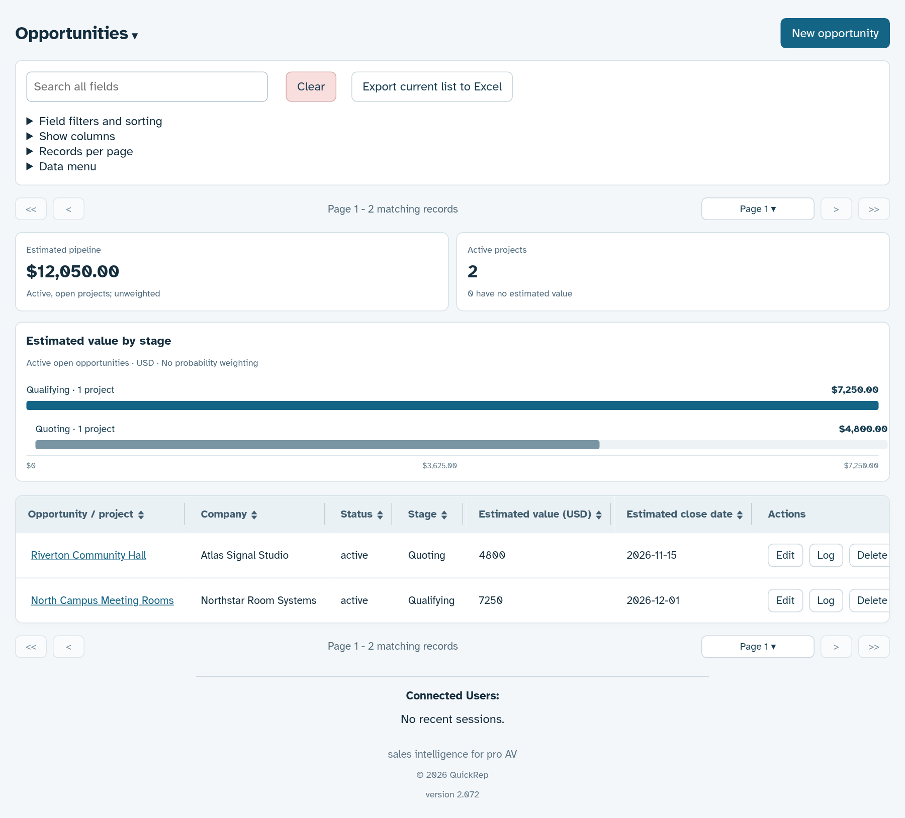 Actual QuickRep opportunities screen with fictional demo data