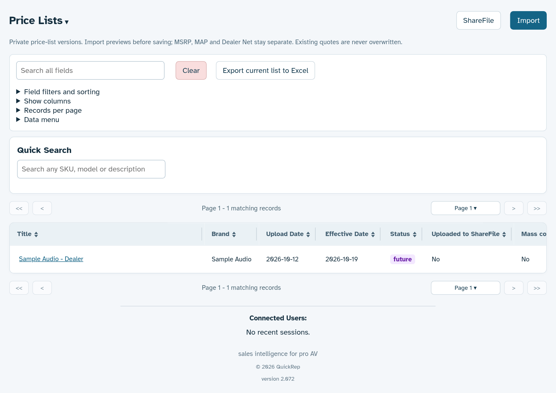 Actual QuickRep price lists screen with fictional demo data