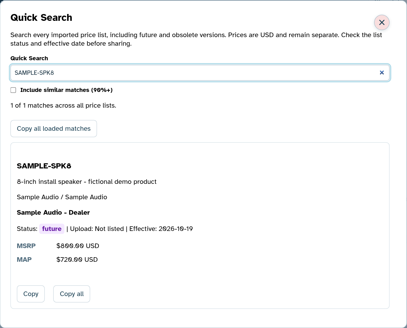 Actual QuickRep price search screen with fictional demo data